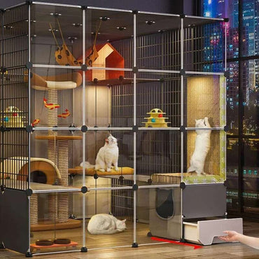 Super Grandes Gaiolas de Gatos com Espaço Livre Casa para Animais de Estimação Interna Villa para Gatos com Caixa de Areia Integrada Gabinete Nórdico Multi-Camadas para Gatos