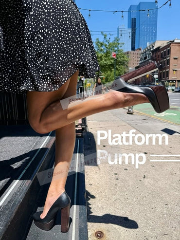 Wooden Pattern Chunky Heel Dress Pumps Black Nude Matte Platform Banquet Shoes Cork Block Heels Striped Footwear Patchwork Heels