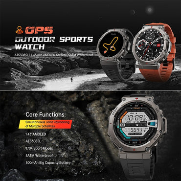 Novo Smartwatch Militar GPS de Banda Dupla T-Rex 3 Pro 48mm Resistente à Água 10ATM Bateria de 500mAh Bússola Altímetro AGPS