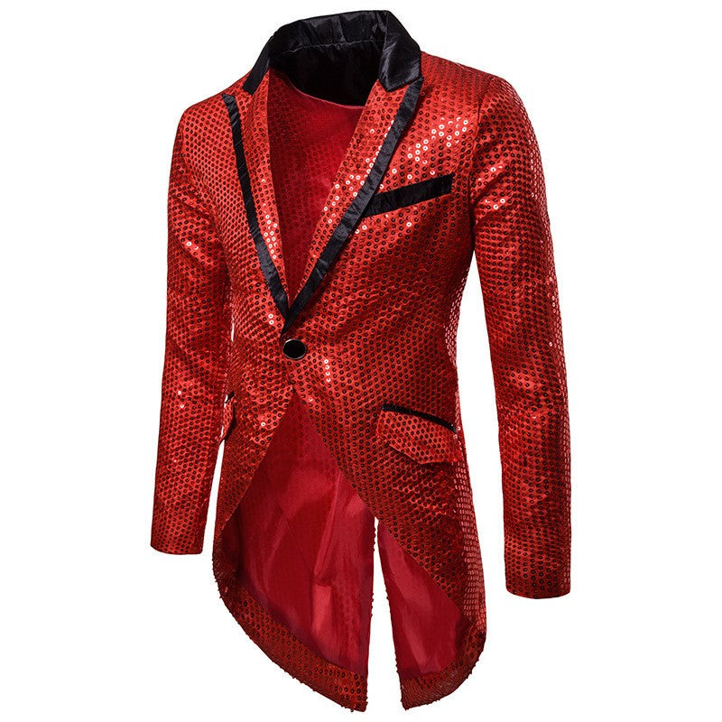 Gold Men's V-Neck Long Sleeve Tuxedo, TV Performance Magic Long Jacket Shiny Sequin Decoration Red Blue Black Blazer S-XXL