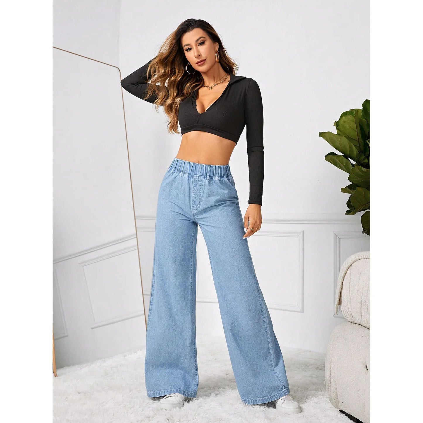Fashionable Loose Women's Jeans High Waist Straight Leg Long Legged Wide Pants Autumn New Arrival Trendy Lazy Style