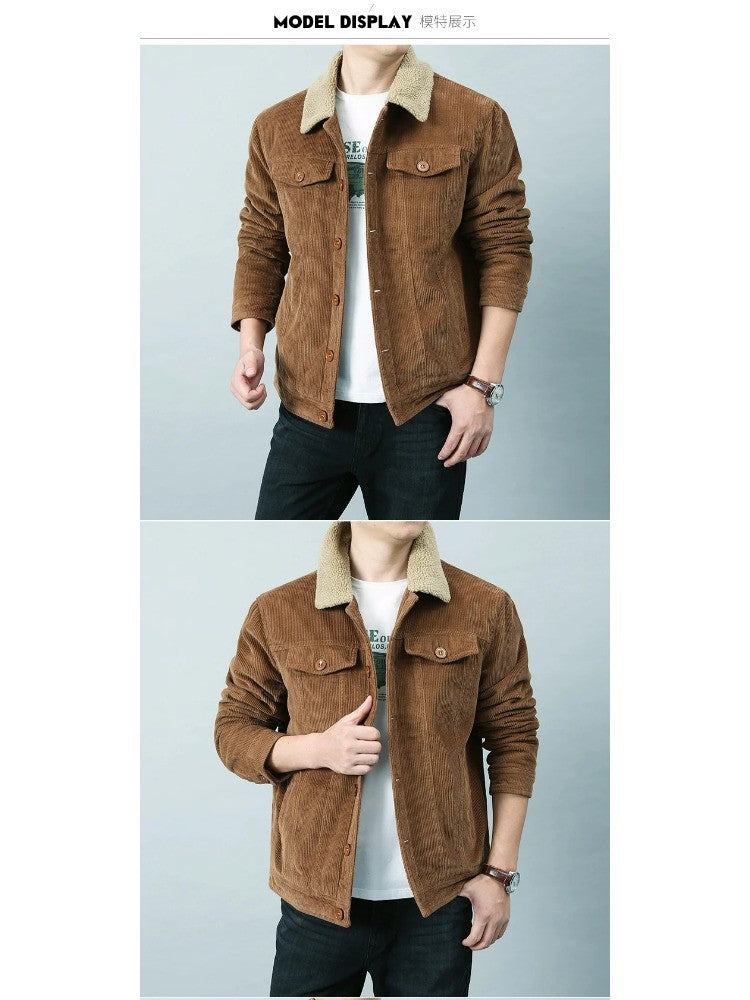 Male Cotton Jackets Padded Warm Loose Parka Coat Corduroy Short Jacket Man Solid Fur Collar Windbreaker Winter Men Fleece Jacket