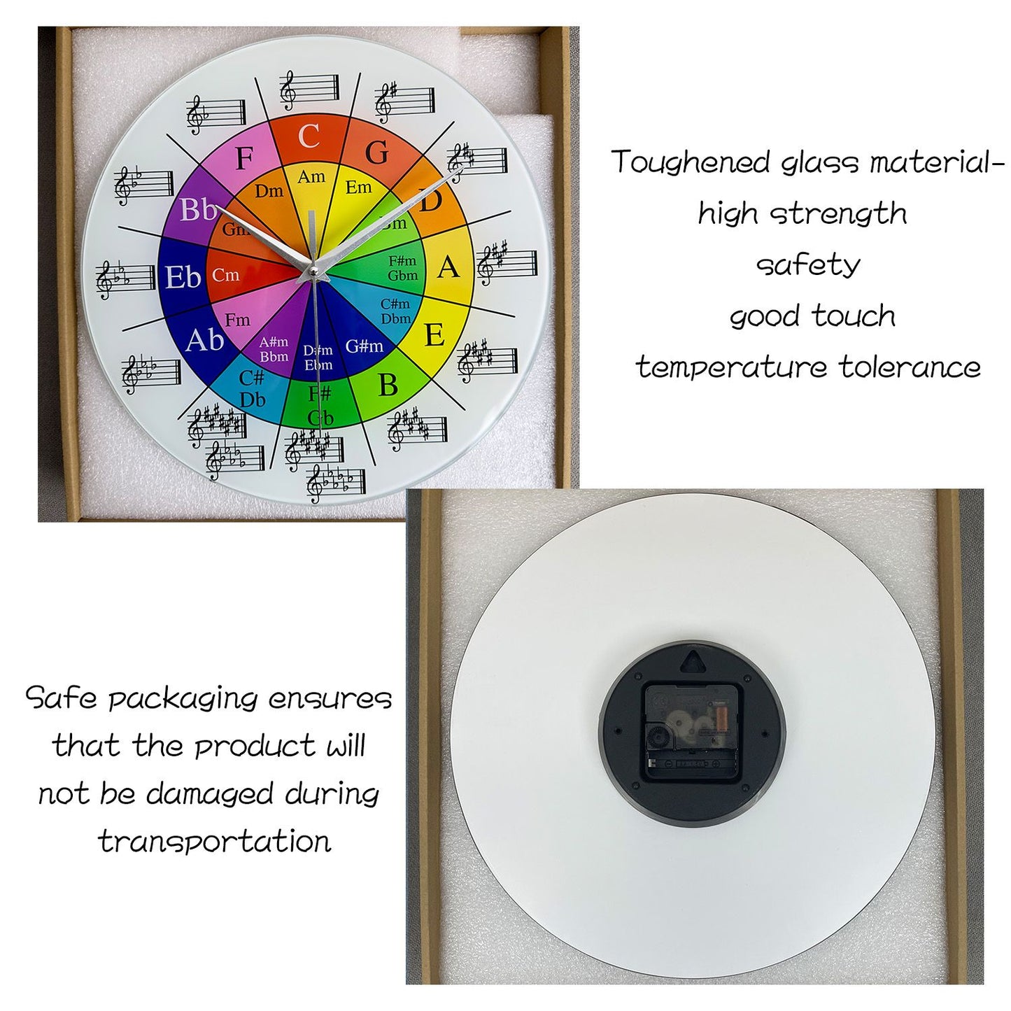 Personalized Music Five-Circle Music Theory Pattern Tempered Glass Wall Clock Living Room Bedroom Kitchen Home Decoration Wall Clock Silent Quartz Clock Holiday Gift 12 Inches 14 Inches 16inch (Without Batteries)