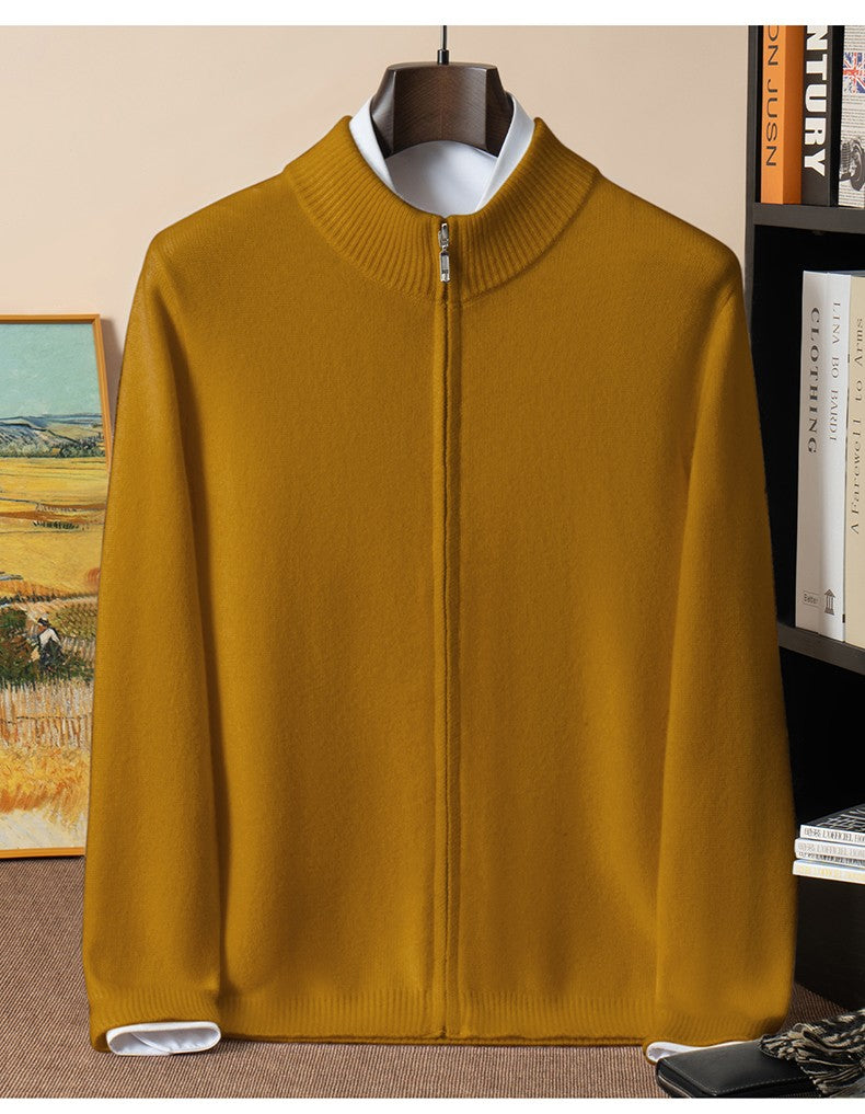 500g 100% Pure Cashmere Sweater Men's Seven-Needle Double-Ply Thickened Half-Turtle Neck Zipper Cardigan Loose Knitted Sweater