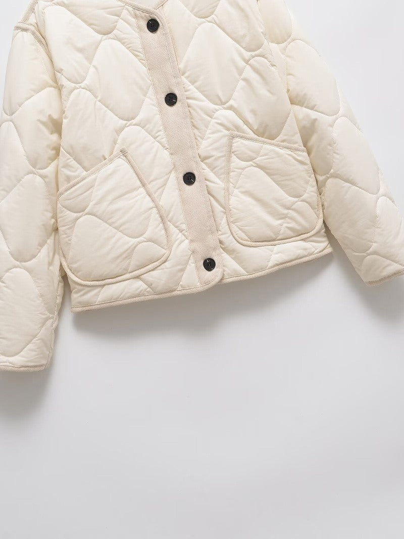 ETJ 2025 TRAF Spring new women's vintage crewneck quilted cotton-padded loose version of quilted casual jacket