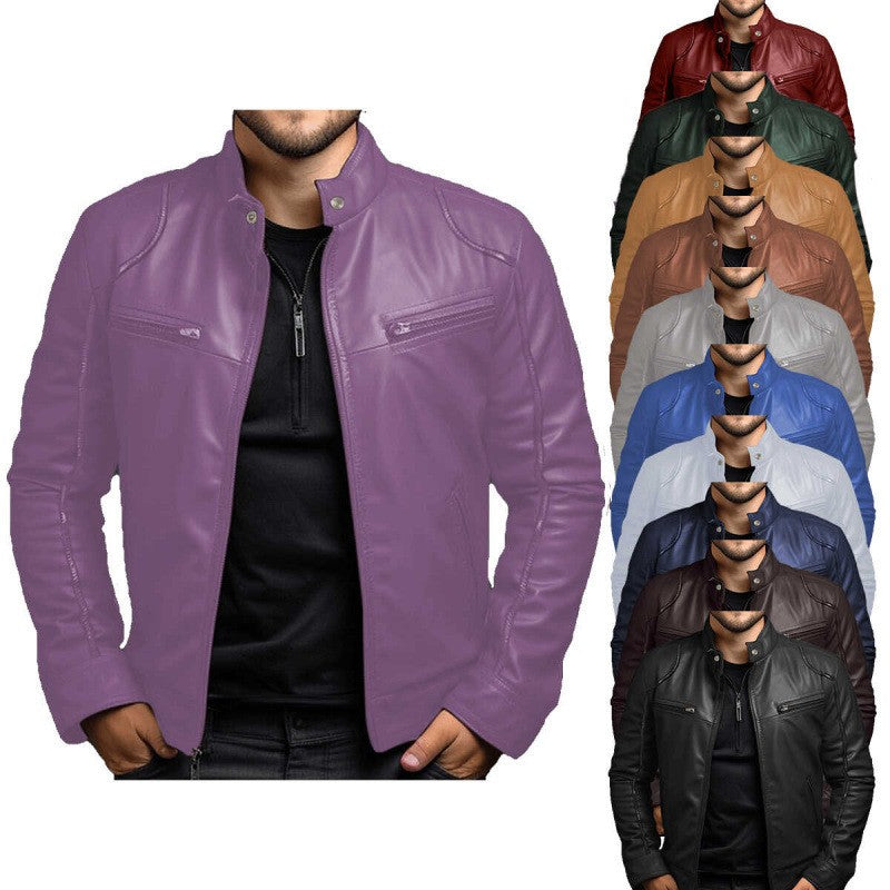 New Men's Business Leather Jacket for Autumn and Winter, Fashionable Stand Up Collar Casual Leather Jacket for Men