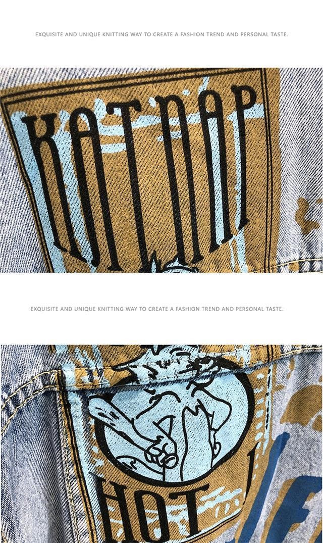 Fashion Cartoon Graphic Print Denim Jacket Men Streetwear Trend Hole Casual Loose Jean Jackets Coat Tops Clothing