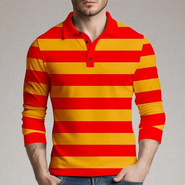 Fashion Horizontal Stripes Men's Long Sleeve Polo Shirt Breathable Business Casual Top Slim Quick Dry Multi Colors Men Clothes