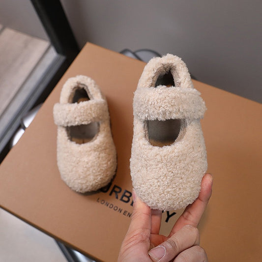 Children Fur Shoes 2024 Winter Kids Warm Plush Shoes For Girl Flat Loafers Moccasins Girls Casual Shoes Khaki, Beige