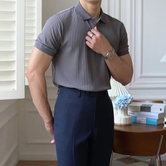 New Summer Trendy Striped Solid Color Short Sleeve Polo Shirt For Men Casual Vintage Versatile Lapel T-shirt Knitted Top