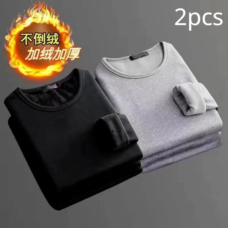 2PCS Men's Underwear Winter Long-sleeved Thermal Underwear Plus Velvet Padded T-shirt O-Neck Solid Color Slim Bottoming Shirt