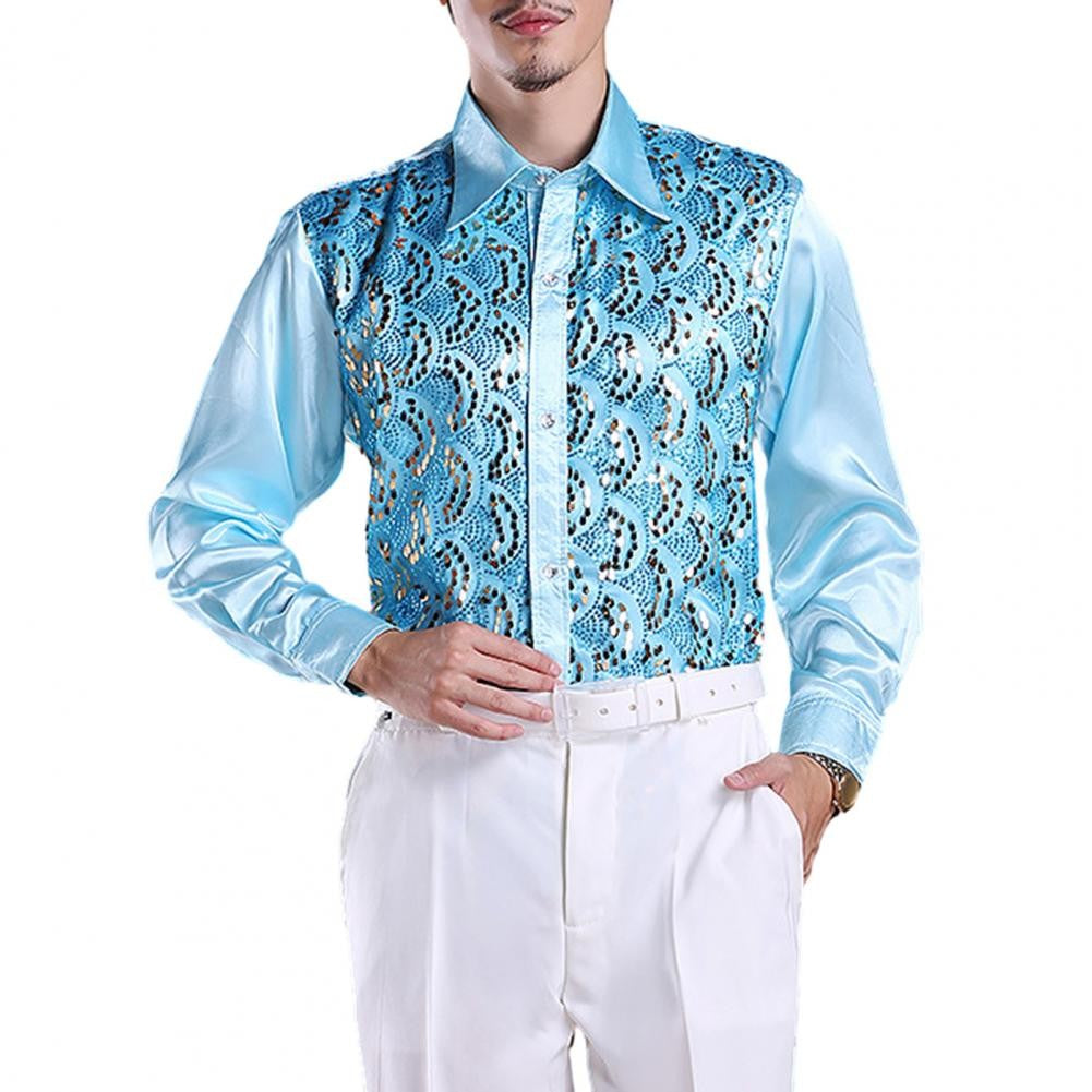Men Sequins Shirt Adult Lapel Long Sleeved Dance Performance Shirt Costume Wedding Stage Shirt Slim Fit Casual Men Shirts Tops