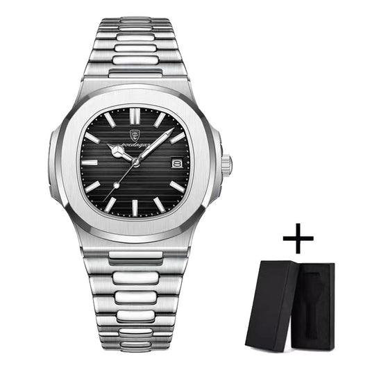 POEDAGAR Luxury Watch Business 50 ATM Waterproof Male Clock Luminous Date Stainless Steel Square Quartz Men Watches reloj hombre