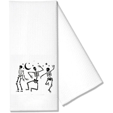 Skeleton Waffle Tea Towel Halloween Spooky Goth Season Kitchen Table Decoration Dancing Skeleton Towel Housewarming Hostess Gift
