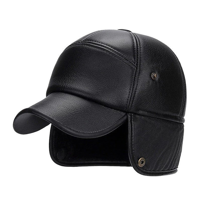 Boné de inverno quente masculino de couro preto, bonés de beisebol de pele para homens e mulheres, bonés de papai com protetores de ouvido, grossos