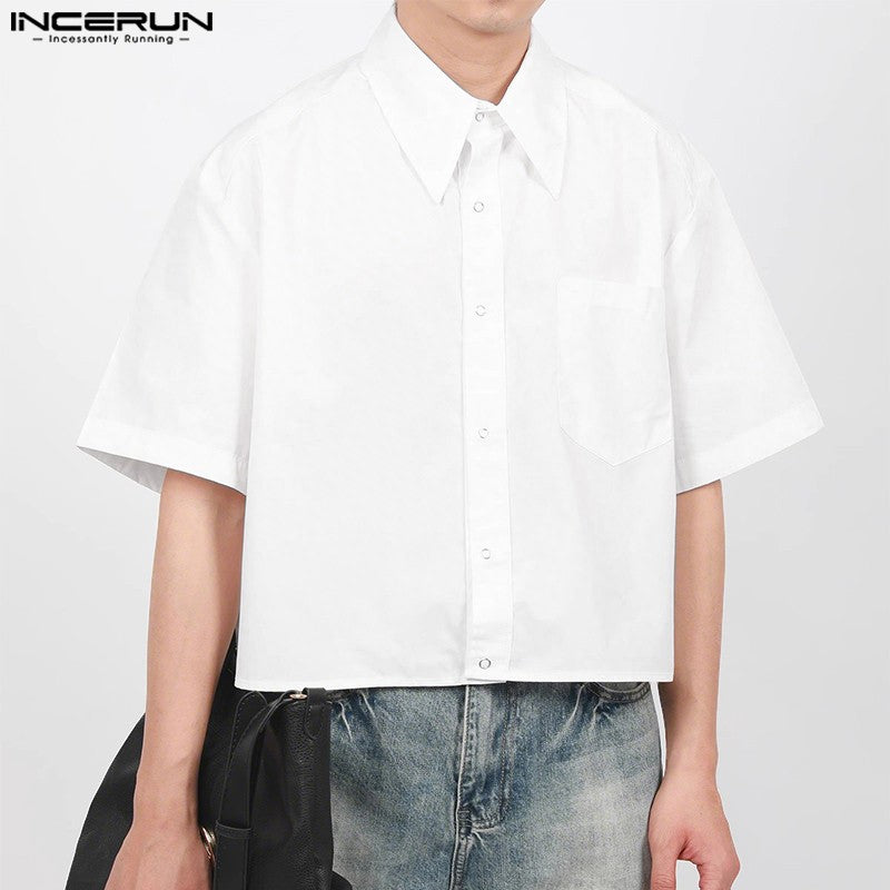 INCERUN Men's Shirts Solid Color Lapel Short Sleeve Pockets Button Male Crop Tops Streetwear Summer Loose Fashion Men Clothing