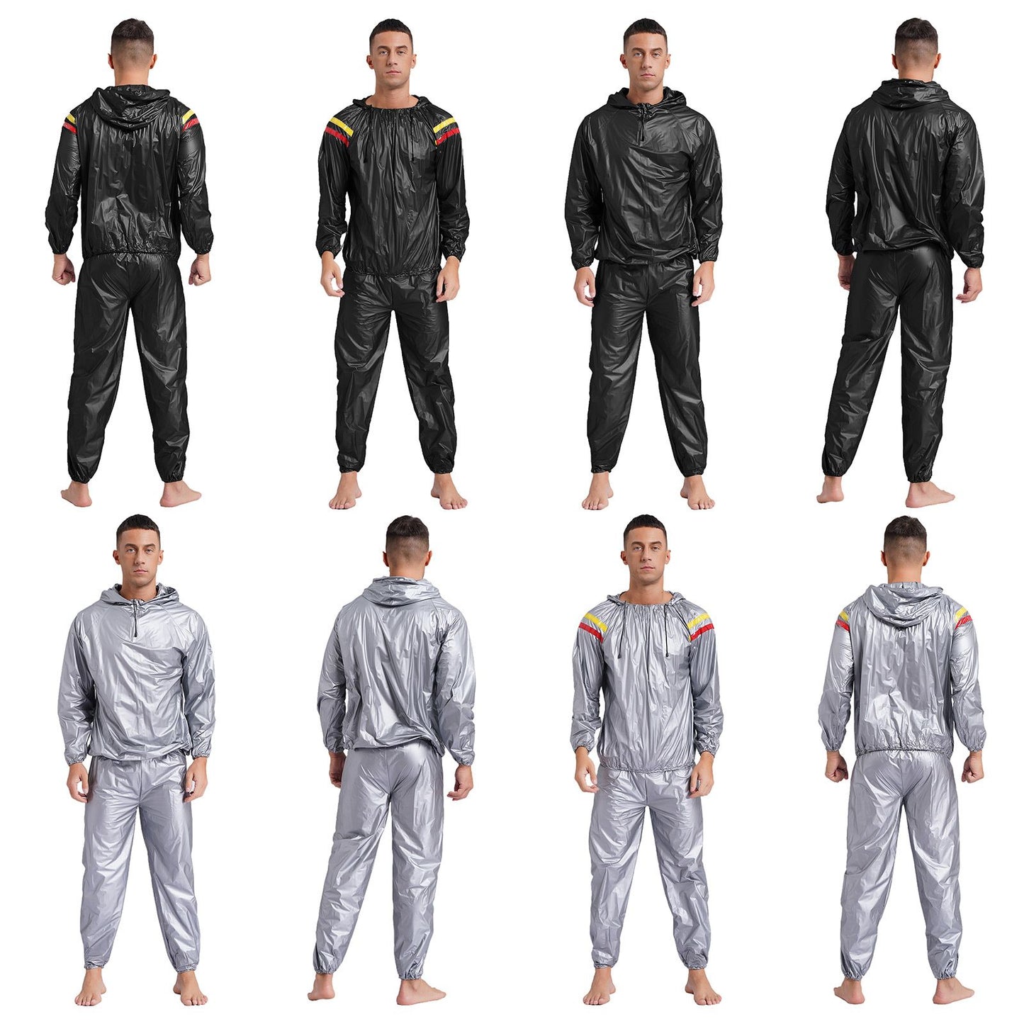 Mens Pullover Style PVC Sweating Suit for Boxing Gym Workout Fitness Sauna Sweat Outfit Hooded Jacket Outerwear And Long Pants
