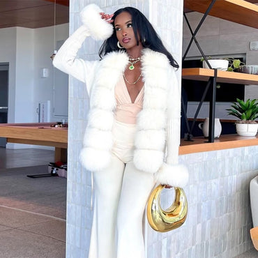 Elegant Knitted Faux Fur Patchwork Women's Coat Thicken Lady Coats 2025 Autumn Winter Chic Female Street Warm Outerwears