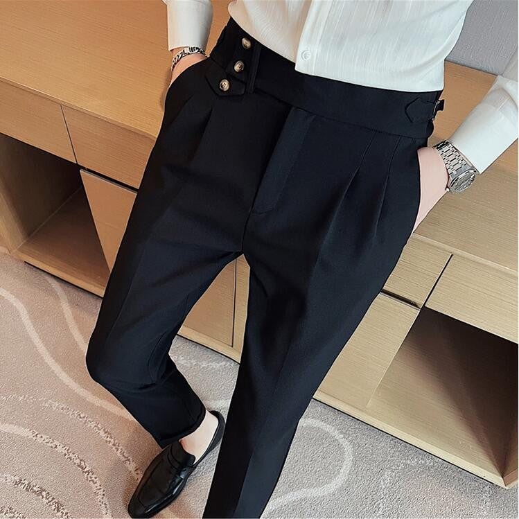 British Style Spring New Solid Business Casual Suit Pants High Waist Button Men Formal Pants High Quality Slim Office Trousers