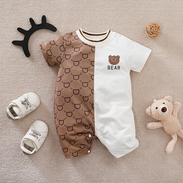 Roupas de Recém-Nascido Macacão de Ursinho de Pelúcia Desenho Animado Patchwork Confortável e Macio Verão Meninos e Meninas 0-18 Macacão de Bebê Manga Curta