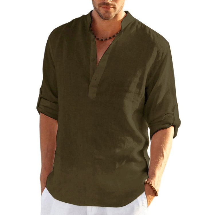 2022 New Men's Linen Long Sleeve T-Shirt Solid Color Loose Casual T-Shirt Long Sleeve Cotton Linen Shirt Plus Size