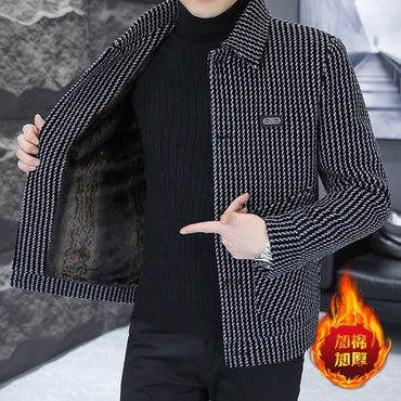 Korean Fashion Woolen Jacket for Men 2023 Winter Plaid Casual Business Trench Coat Slim Social Office Street Wear Short Overcoat