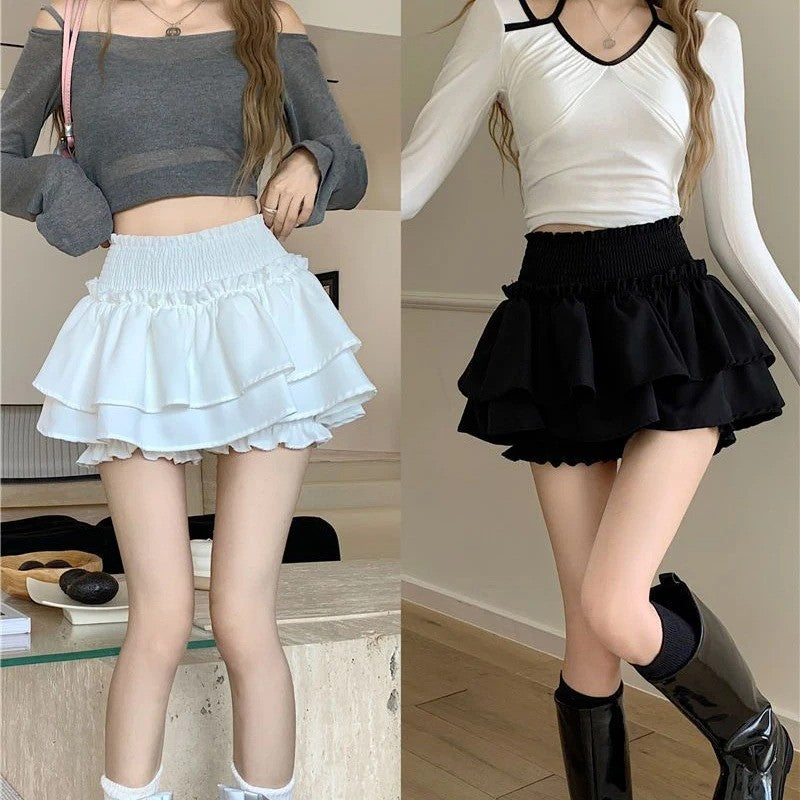 Mini Skirt Cute Sexy Balletcore Elastic High Waist Ball Gown Ruffle Patchwork Lo