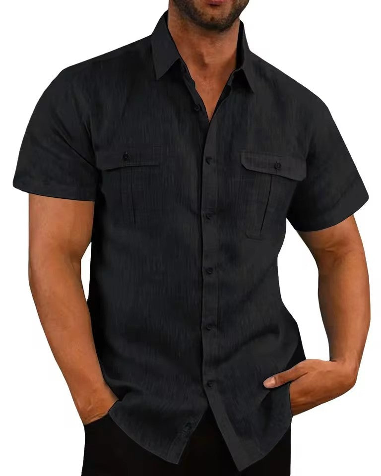 Cotton Linen Hot Sale Men's Short-Sleeved Shirts Summer Solid Color Turn-down collar Casual Beach Style Plus Size