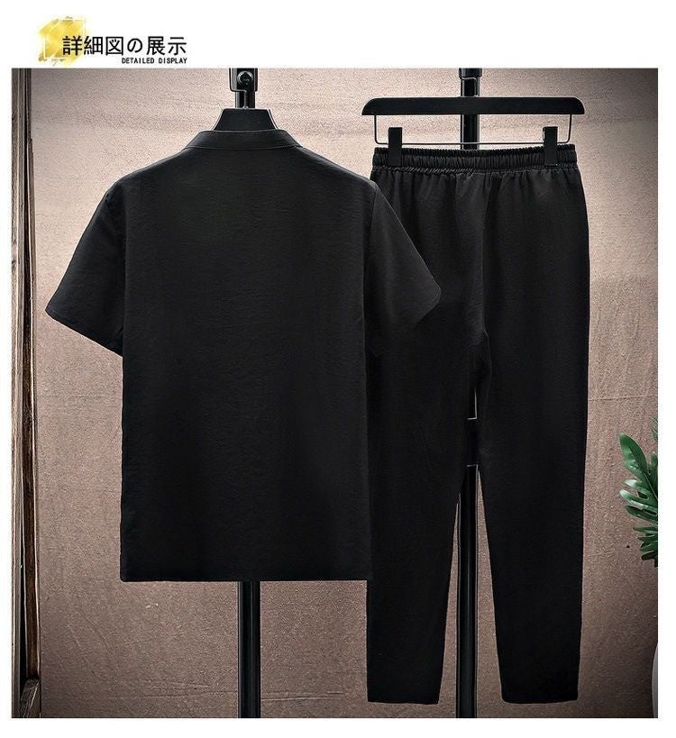 Summer New Fashion Solid Color Breathable Cotton and Linen Suit Men's Leisure Loose Sports Large Size High-Grade Two-Piece Set