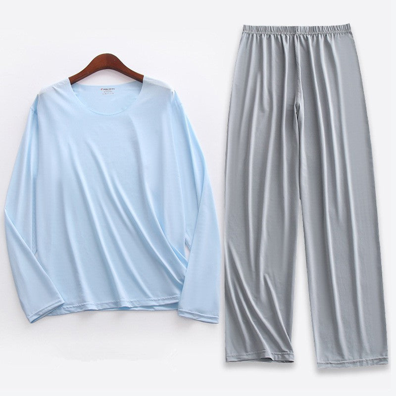 Plus Size 5XL Men Ice Silk Pajama Set Solid Long Sleeve Tops and Pants Sleepwear 2pcs Sets Soft Comfy Lounge Home Nightwear Male
