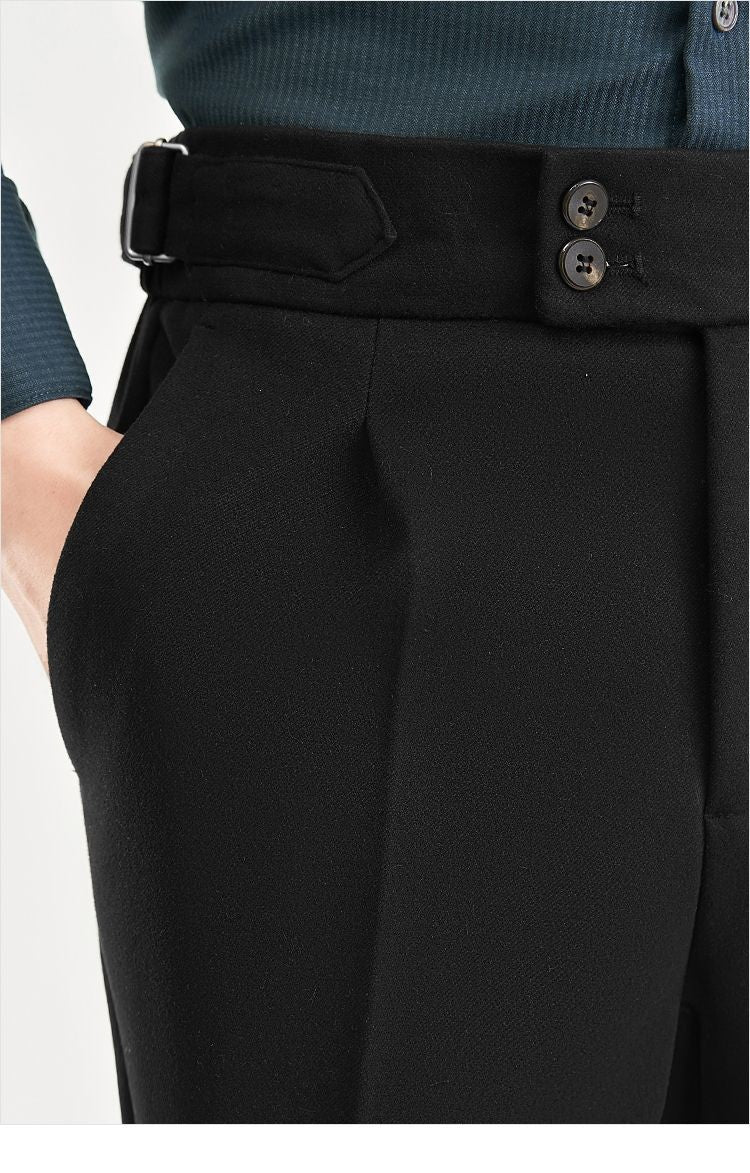 2024 Men's Autumn Winter Fashion High Waist Wool Trousers Male Tweed Casual Pockets Pants Men Long Straight Suit Pants F394
