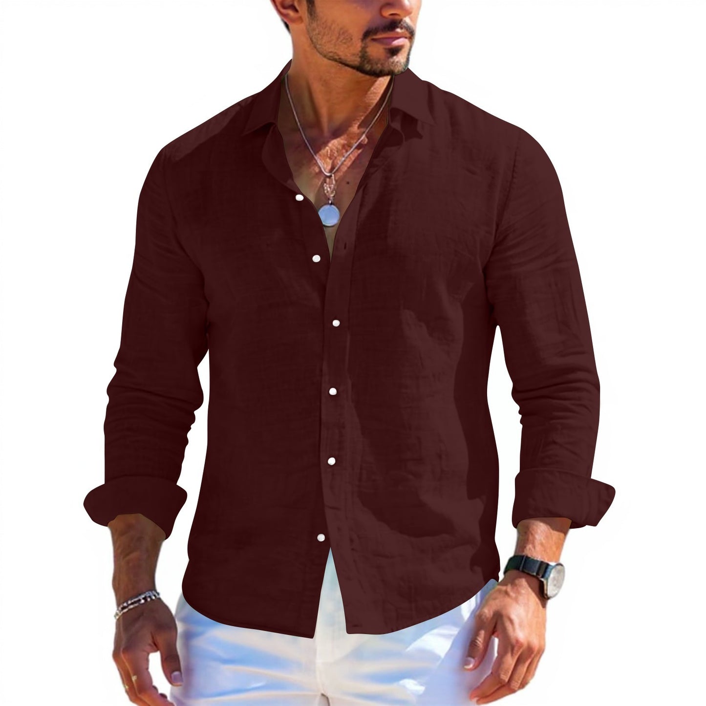 Men's tops long sleeve new style shirt cotton linen cool solid color loose lapel casual beach style cardigan spring and summer