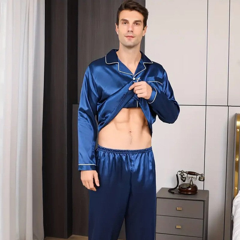 2PCS/Set Plus Size Solid Long-Sleeved Pyjamas Men Spring and Autumn Silk Sleepwear Homewear Cardigan Lapel Trousers Nightwear