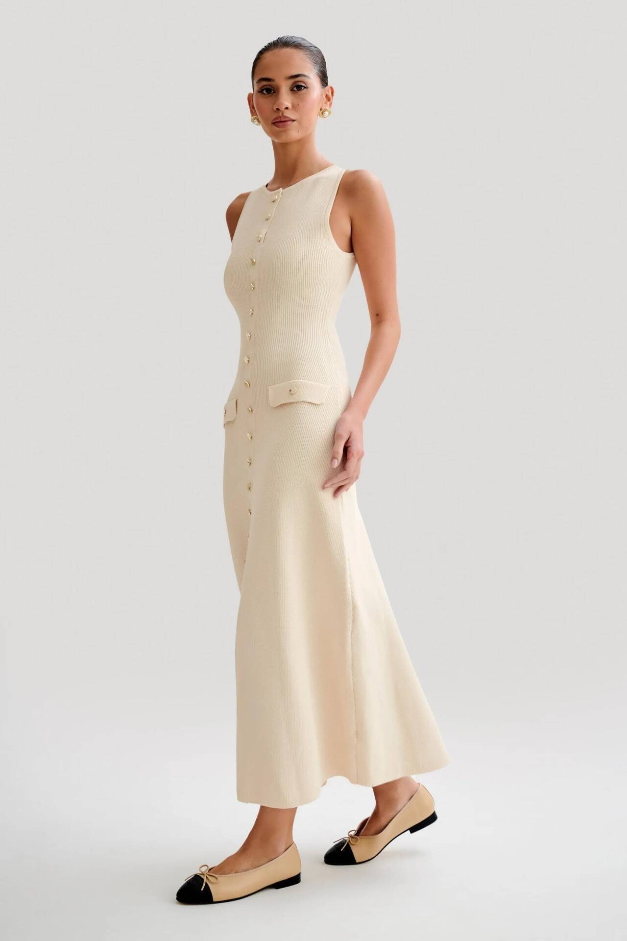 2024 Summer Elegant Lady Knitted Single Breasted Long Dresses Women Solid Sleeve
