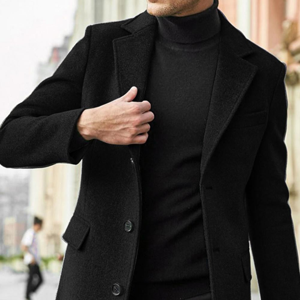 British Style Men Woolen Coat Flap Pockets Single breasted Elegant Men Trench Coat Mid length Long Winter Warm Overcoat