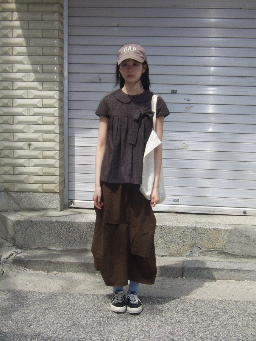 Vintage Plaid Shirts Women Japanese Harajuku Bow Peter Pan Collar Blouses Summer Korean Aesthetic Short Sleeve Casual Tops New