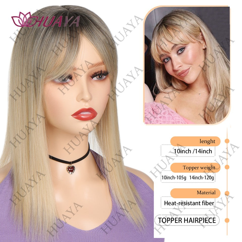 Apliques de Cabelo de 14 Polegadas para Mulheres com Cabelos Ralos, Sintéticos Resistentes ao Calor, Toppers de Peruca Femininos - Ombre Raiz Escura para Loiro