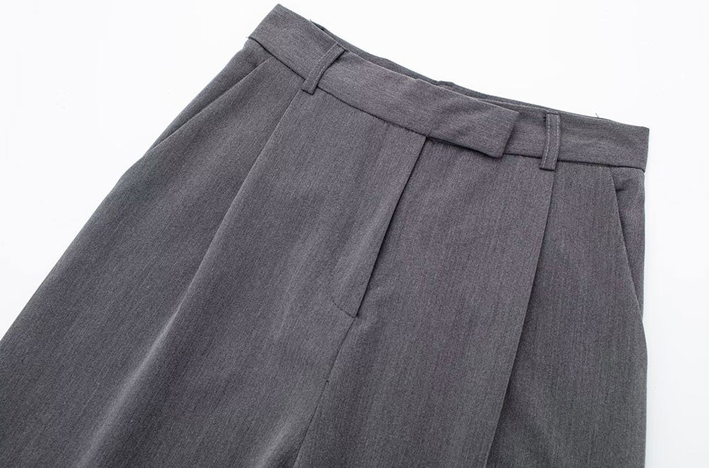 TRZA Women Fashion With Darts Front Pockets Wide Leg Pants Vintage High Waist Zi
