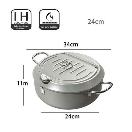 304 Stainless Steel Oil Pan Japanese Deep Frying Pot with a Thermometer and a Lid Kitchen Tempura French Fries Oil Fried Pan