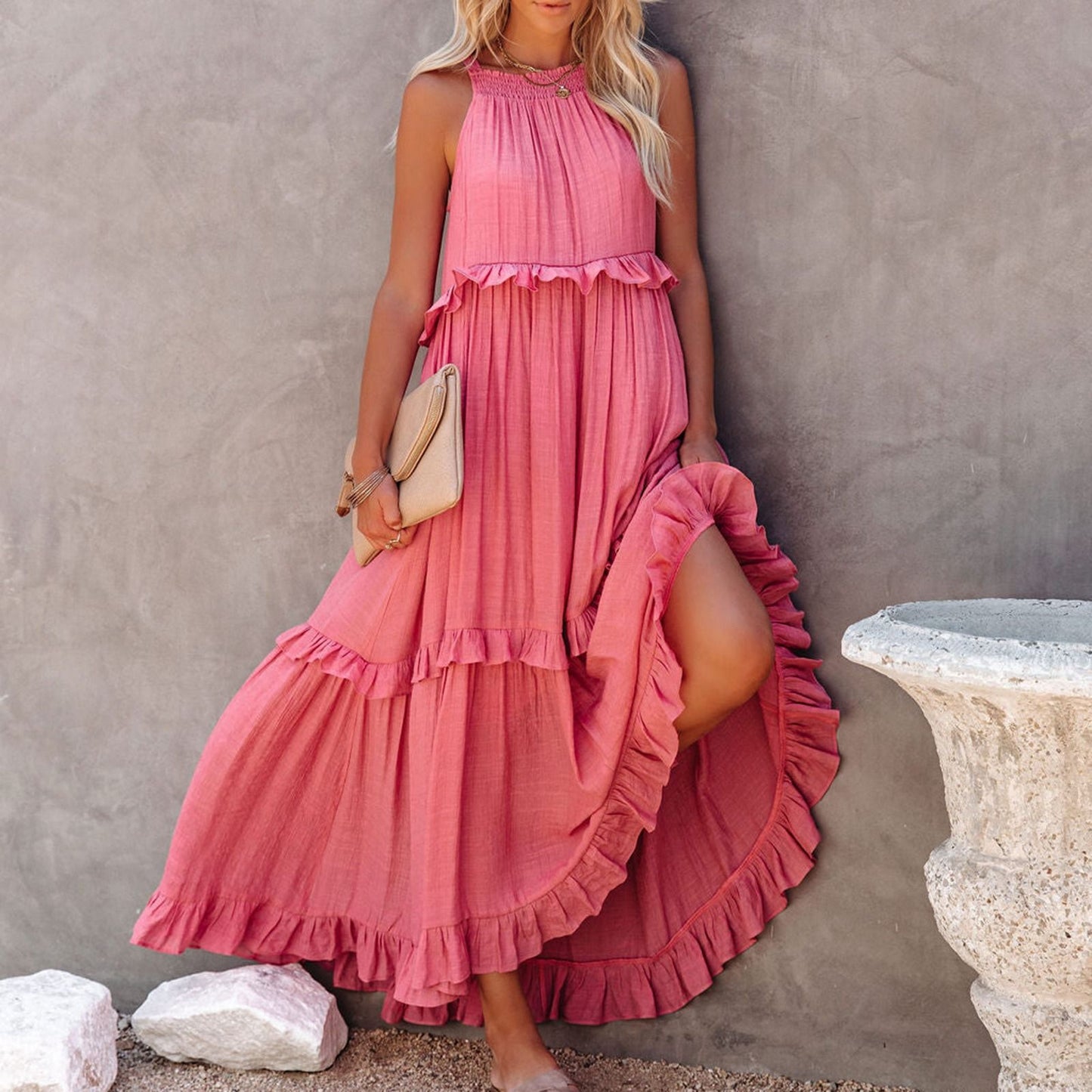 Elegant Women's Apricot Ruffle Edge Long Mop Floor Dresses Summer Fashion Hangin
