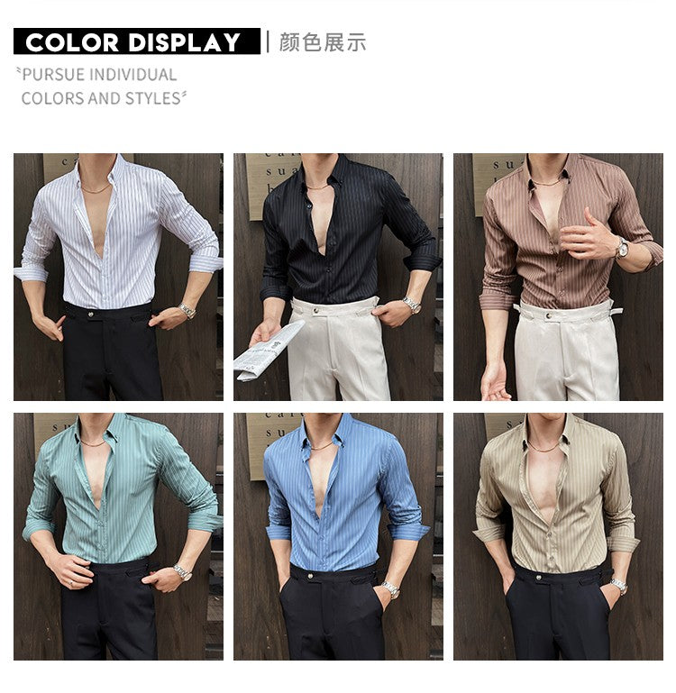 Striped Shirts for Men High-quality 2025 Autumn New Solid Business Casual Long Sleeved Elastic Slim Fit Dress Shirt Men Clothing