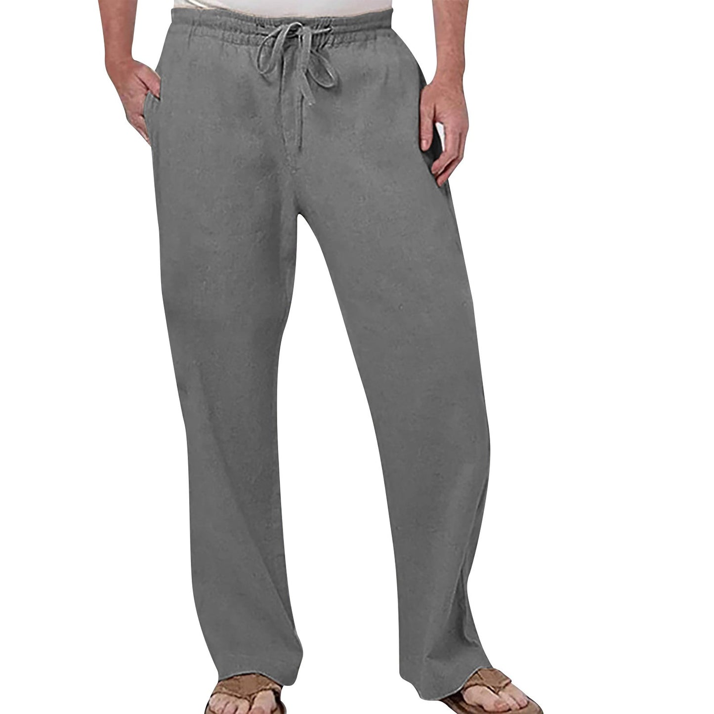 Mens Fashion Casual Pants Solid Color Breathable Cotton Linen Elastic Waist Straight Pants With Pockets Large Size White Pants