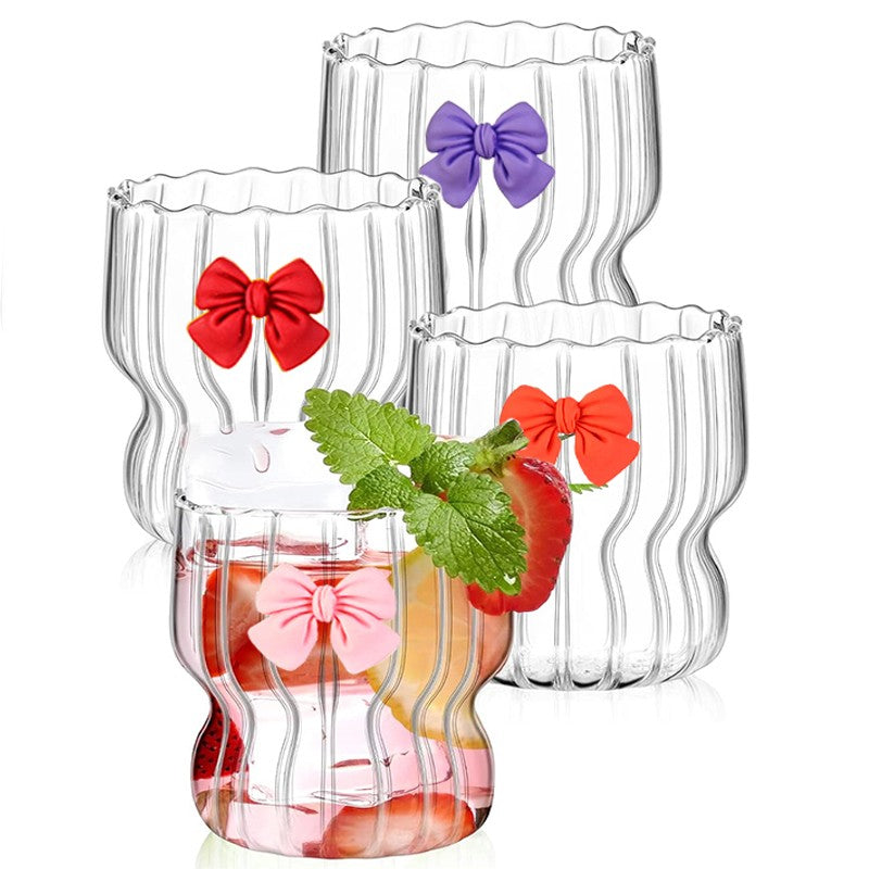 Caneca de café de vidro com laço de 300ml Copo de vidro ondulado para chá Copos de camada única para leite e suco