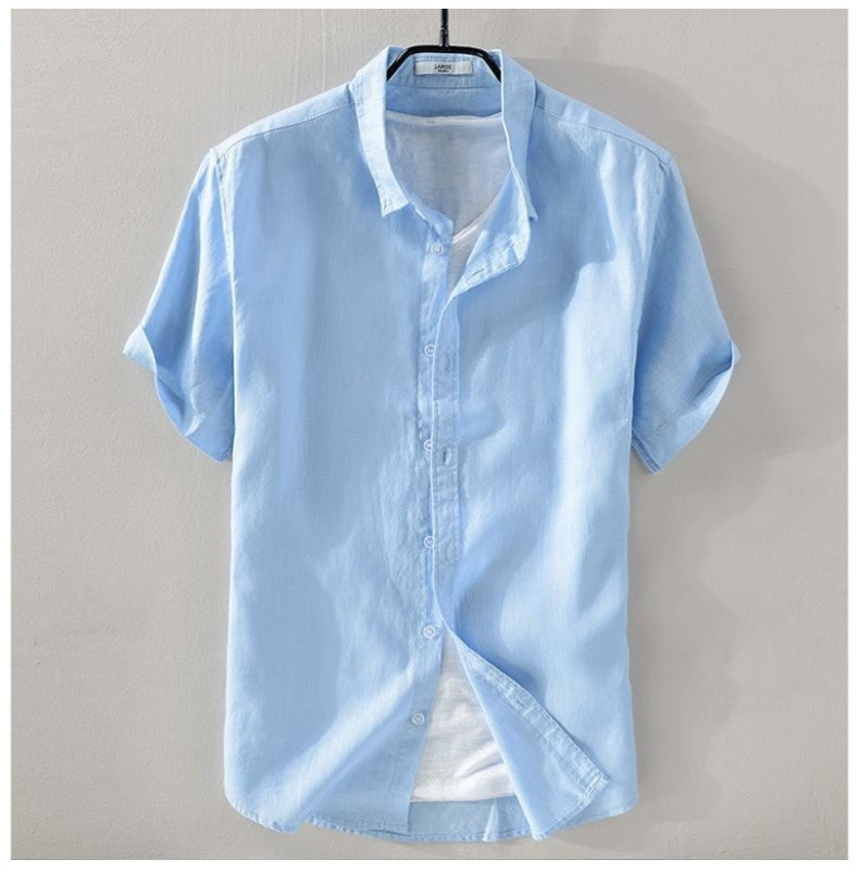 100% Linen Short Sleeve Shirt Men Cotton Linen Clothing Top Casual Summer Half Sleeve Shirt Loose Style Square Collar