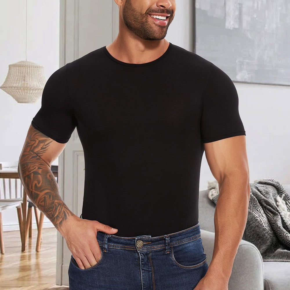 Men Short Sleeve Bodysuit Press Botton Crotch Shirt Pajamas Bodysuit Undershirts Leotard Top