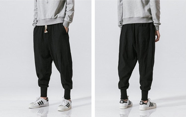 Cotton Linen Harem Pants Men Solid Elastic Waist Streetwear Joggers New Baggy Drop-crotch Pants Casual Trousers Men