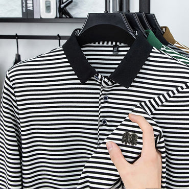Men's Long Sleeved T-shirt, Youth Lapel T-shirt, Autumn Clothes Striped Polo Shirt Double-sided German Velvet 2025 New Trend Top