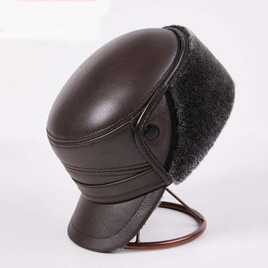 Men's Genuine Leather Duckbill Hat Winter Thickened Warm Outdoor Earflap Cotton Cap Elderly Real Leather Hat Cowhide Warm