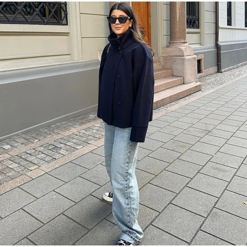 Women Fashion Stand Collar Woolen Jacket Single Breasted Long Sleeve Female Coat 2025 Autumn Chic Street Office Short Outerwears