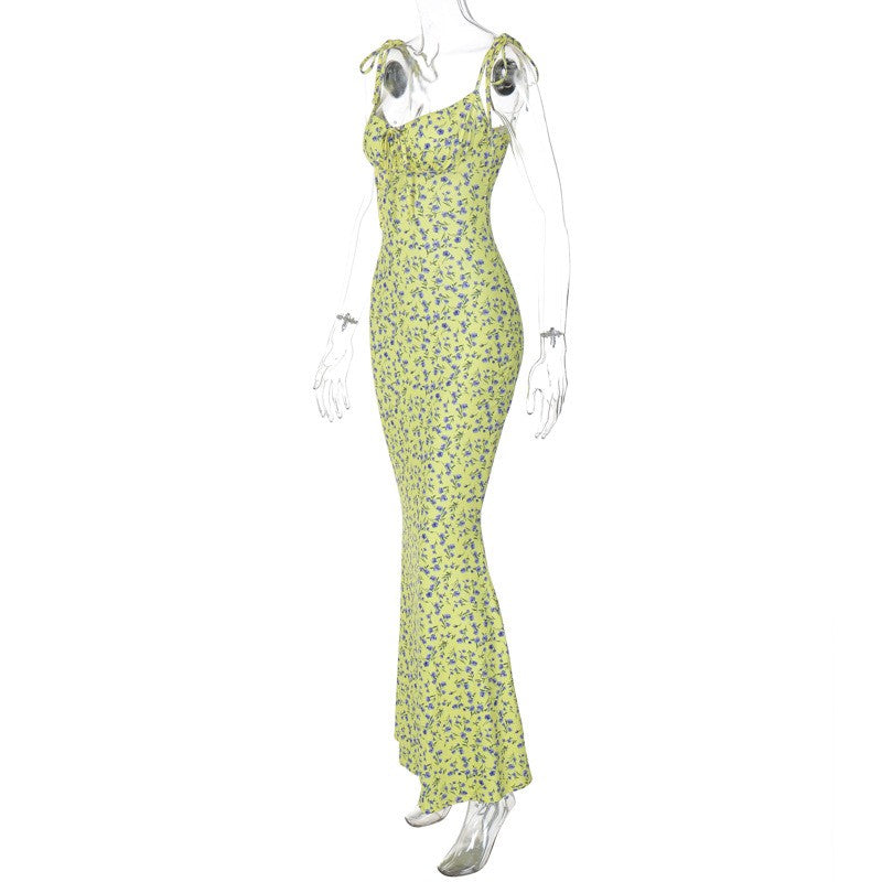 Hugcitar Floral Print Sleeveless Backless Slips Lace Up Maxi Dress Sexy Bodycon